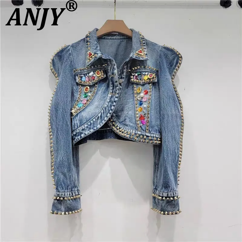 

ANJY Autumn New Women Chic Short Denim Jacket Long Sleeve Heavy Craft Studded Diamond Rivet Asymmetric Streetwear Y2K Coat A8776