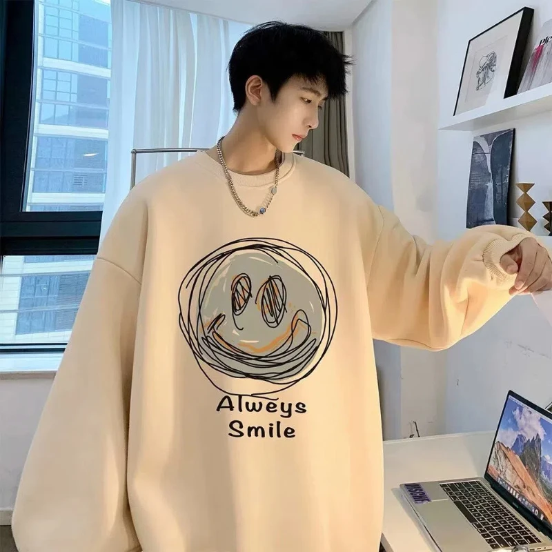 인스 트렌디 홍콩 스타일 빈티지 루즈핏 라운드넥 맨투맨, 그래피티 웃는 얼굴 프린트 캐주얼 플러스 사이즈, 긴팔