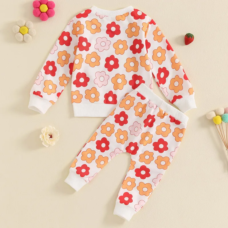 Toddler Girl Pants Sets Fall Clothes Floral Print Crew Neck Long Sleeve Sweatshirts and Long Pants 2Pcs Set Baby Clothing