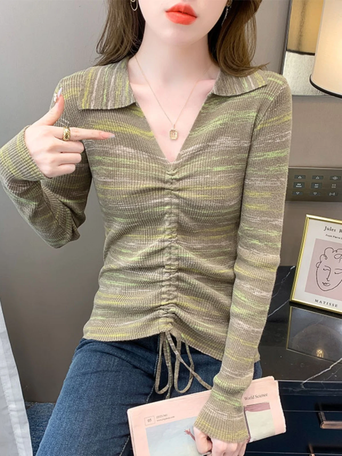 Trendy Striped Knitwear Women's Long Sve Dstring Waist Color Blo Sweater Spring 2025 Casual Comfortable Polyester Blend