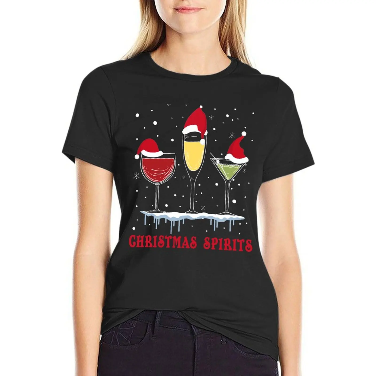 

Christmas Spirits Wine, Bubbly, Martini T-Shirt Female clothing tees graphics western t-shirt dress for Women