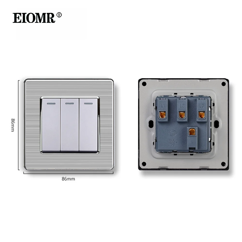 EIOMR Wall Light Switch,3 Gang 1/2 Way,Size 86*86mm,16A 250V Multi -material Panel EU UK Rocker Switch for Household Light Power