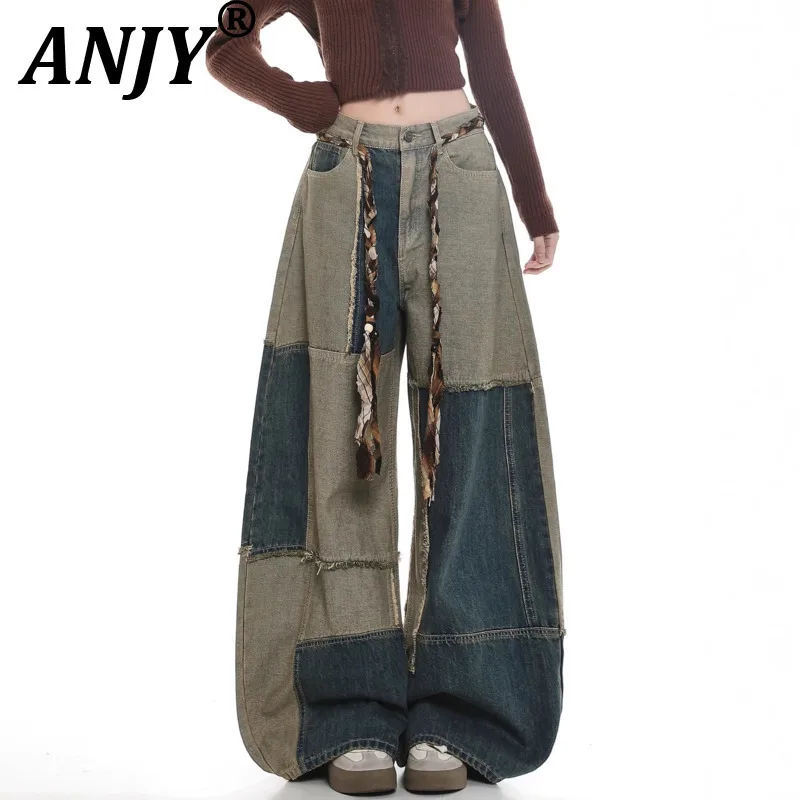 

ANJY, осенне-зимние новые женские модные двухцветные лоскутные джинсы с дизайном, уличные шикарные свободные прямые широкие джинсовые брюки A17896