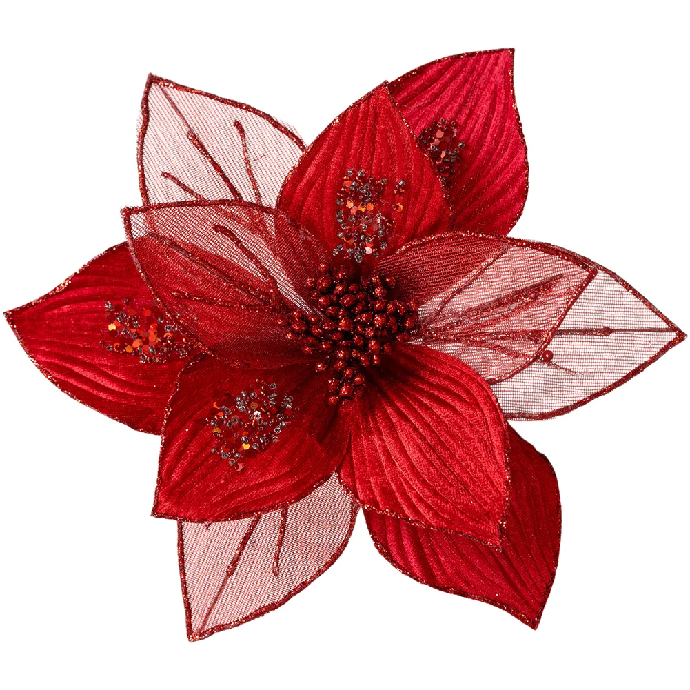 24cm Artificial Festival Christmas Poinsettia Realistic Sequins Glitter Fake Flower Xmas Tree Wreath Home Holiday Party Decor