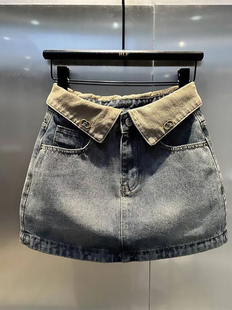 Color Blocking Denim Skirt for Women Retro High Waisted Blue Hip Hugging Short Skirt 2026 New Summer Anti Glare Half Dress