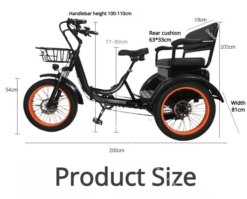 750W Familien-Elektrofahrrad 2-Sitzer Fatbike Elektrofahrrad mit 3 Rädern Abnehmbarer Akku Elektro-Dreirad für Erwachsene mit Beifahrern – Detail 4