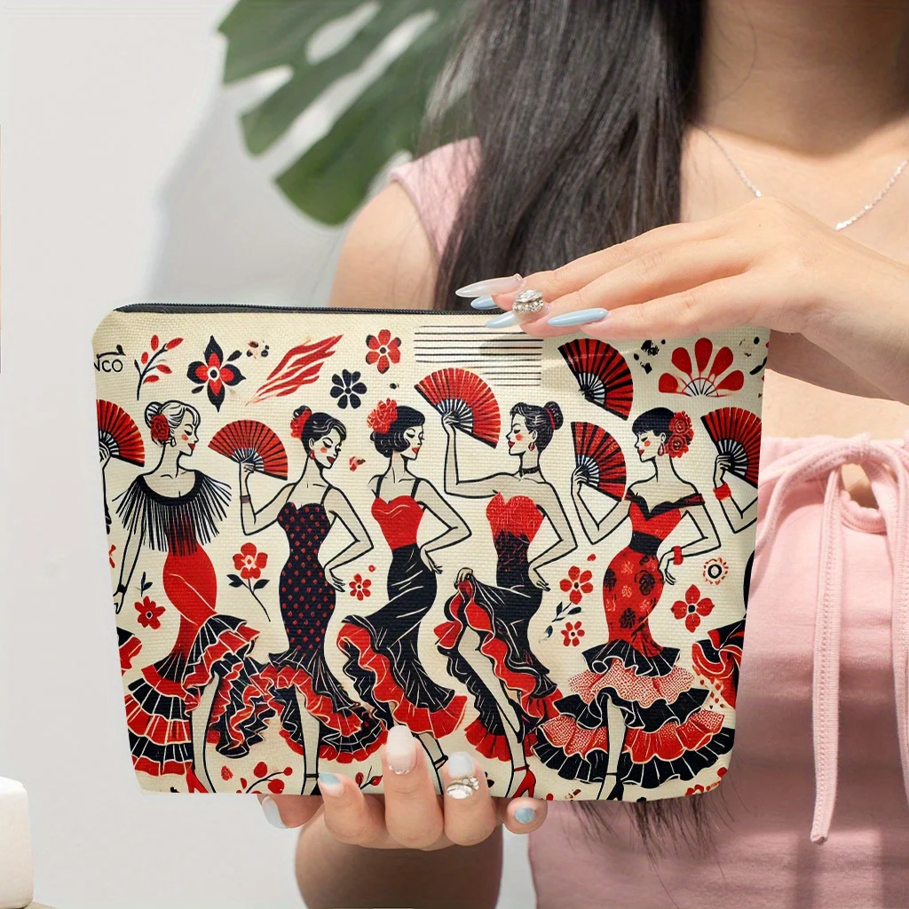 Flamingo Dancer Print Makeup Bag Spanish Folk Dance Cosmetic Pouch Travel Zipper Storage Pouch Gift For Dance Lovers