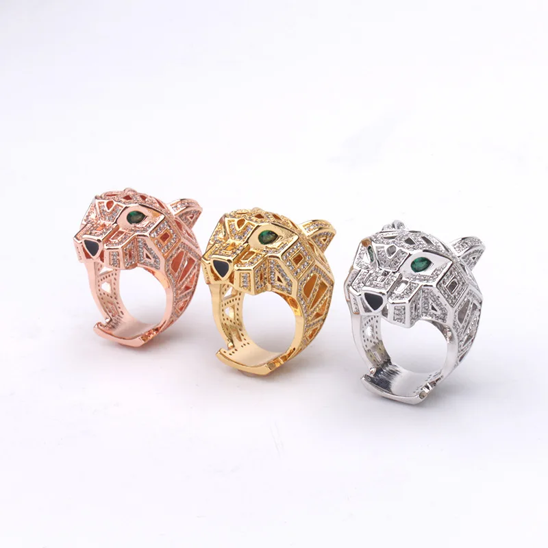 

Europe America Luxury Fashion Style Men Women Lady Hollow Out Inlaid Full Zircon Leopard Head Plated Gold Color Lovers Ring