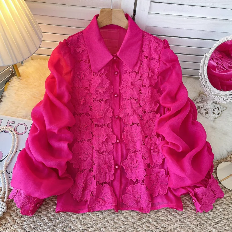 

Интернет-знаменитости в одном стиле, осень 2024, нишевый светильник, роскошный тяжелый ремесленный полый цветок, вышивка, плиссированный рукав-фонарь