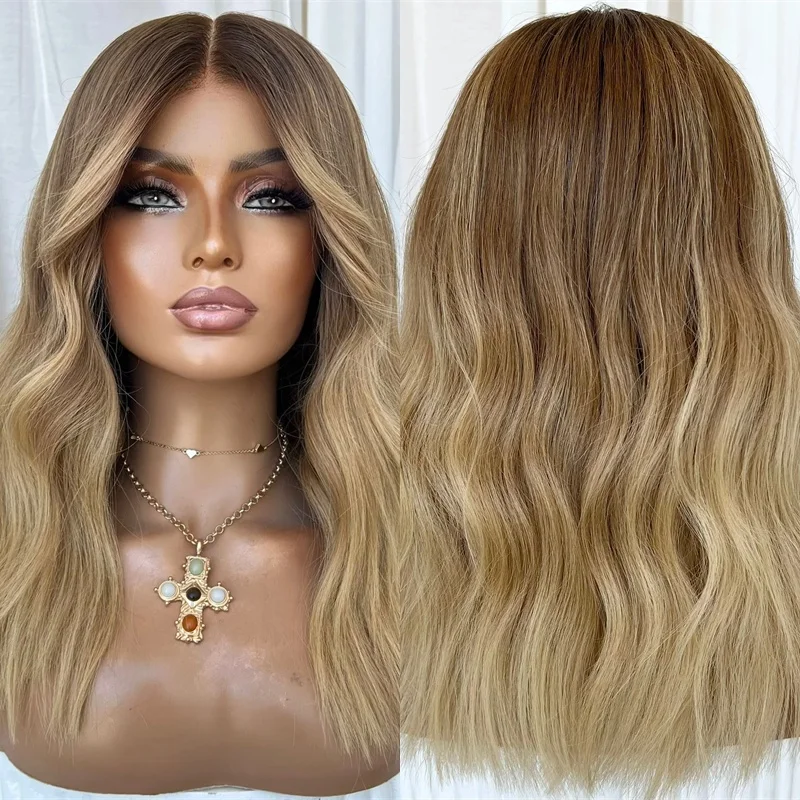 

Омбре Золотисто-русый с коричневыми полосами Мелирование HD Невидимый синтетический парик спереди Парик из термостойкого волокна Короткая волна Боб