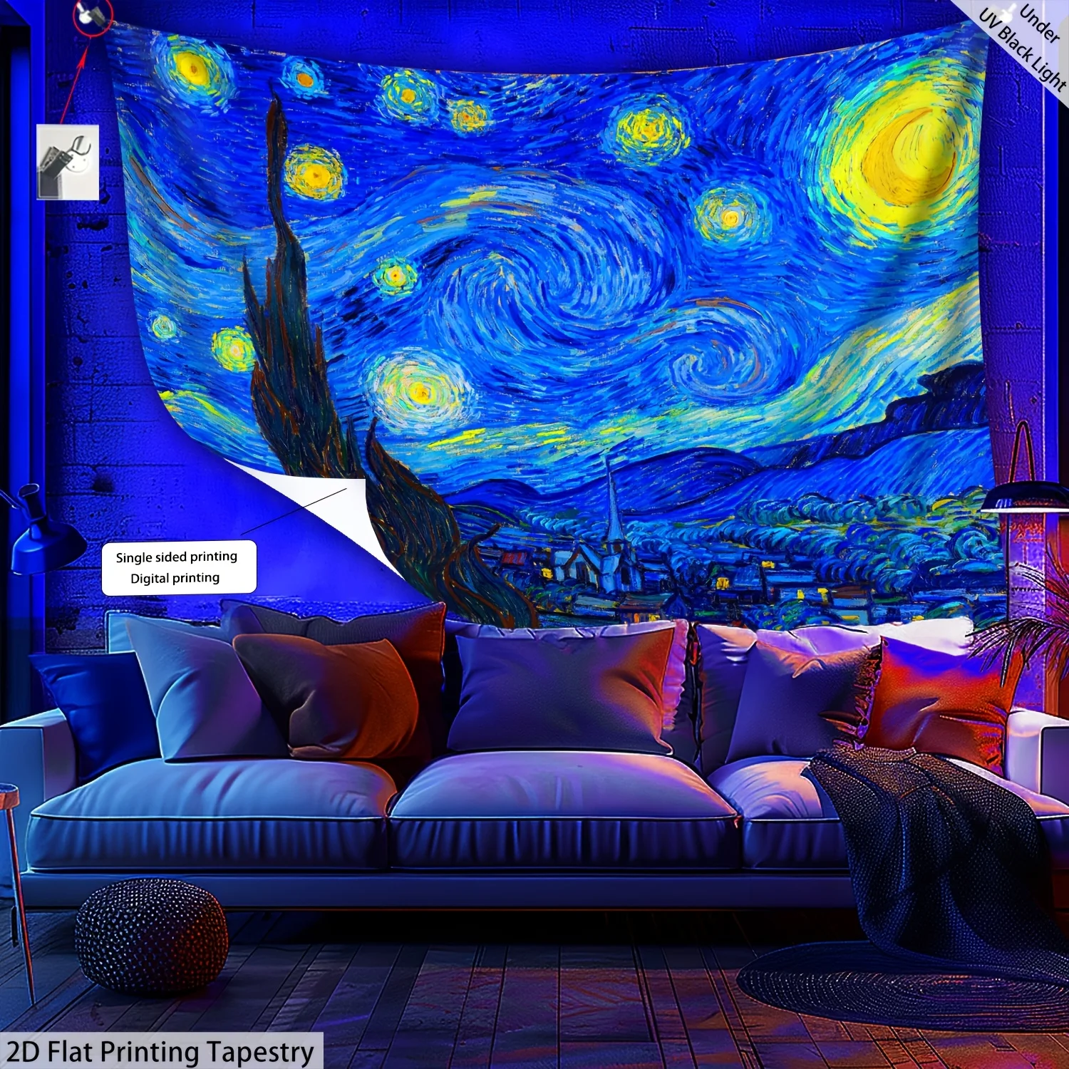 

Oil Painting Style Starry Sky Glow In The UV Light Tapestry, Large Scale Fluorescent Printed Tapestry for Bedroom Office