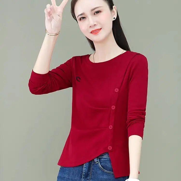 Irregular Bottoming Shirt Women's Long Sleeved T-shirt New Spring Autumn Fashion Solid Color Round Collar Top
