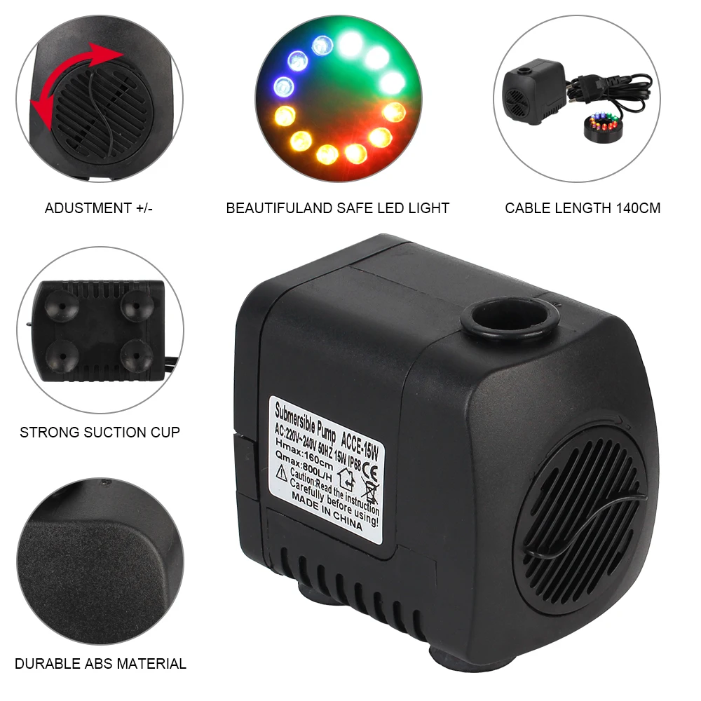 Bomba de água ultra silenciosa com cabo de alimentação, fonte do aquário do jardim, 12 LED Light, plugue UE impermeável, 15 W