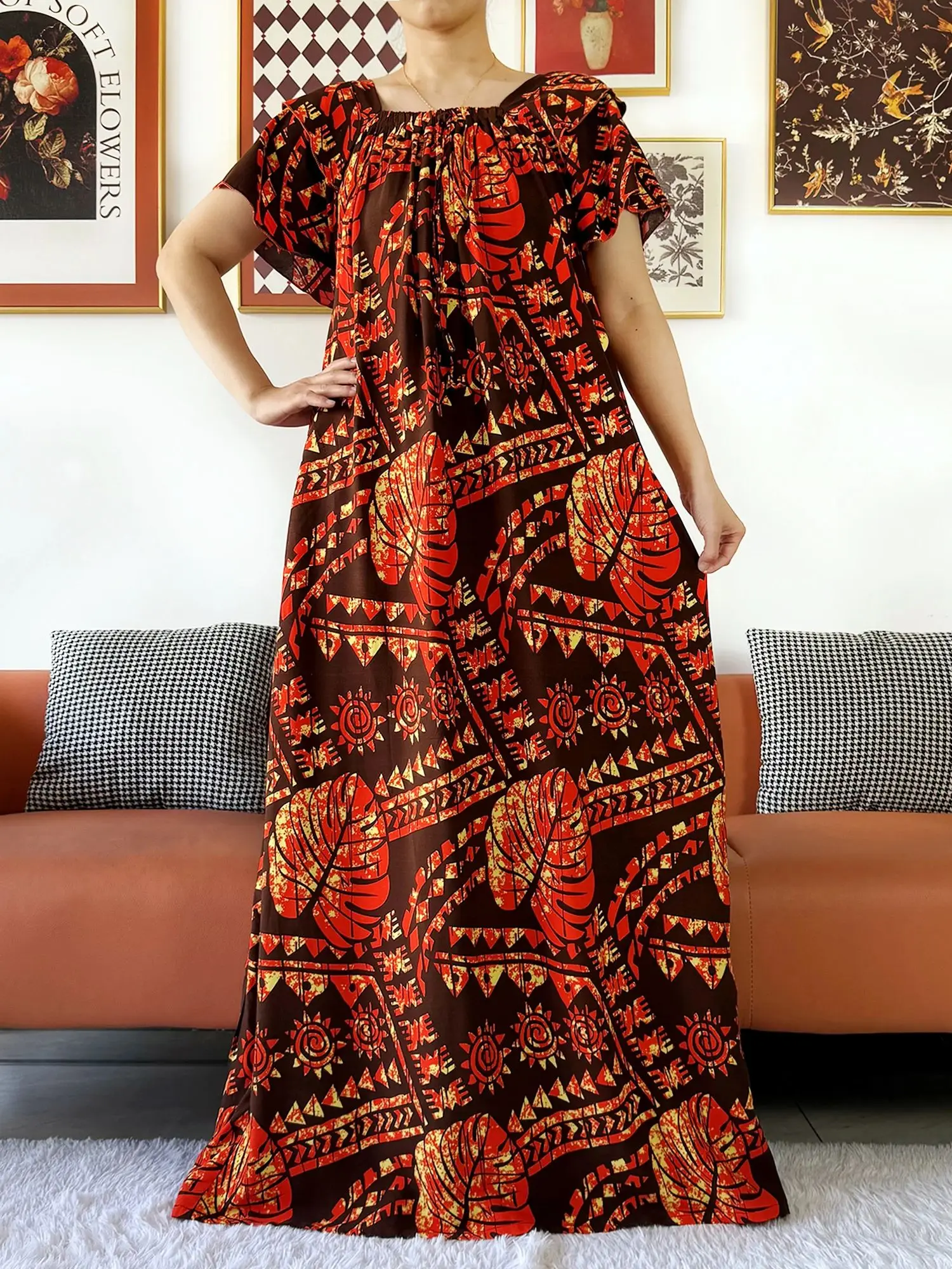 Newest African Lady Summer Short Sleeve Dress Boat-Neck Loose Floral Maxi Boubou Maxi Islam Women Dress African Abaya Clothes