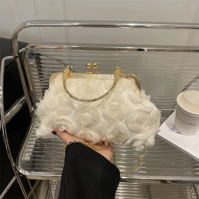 Bolso de hombro con cadena de lujo para mujer, bolso de banquete con flores 3D de gasa, bolsos de noche a la moda, bolso de mano, bolso cruzado a la moda