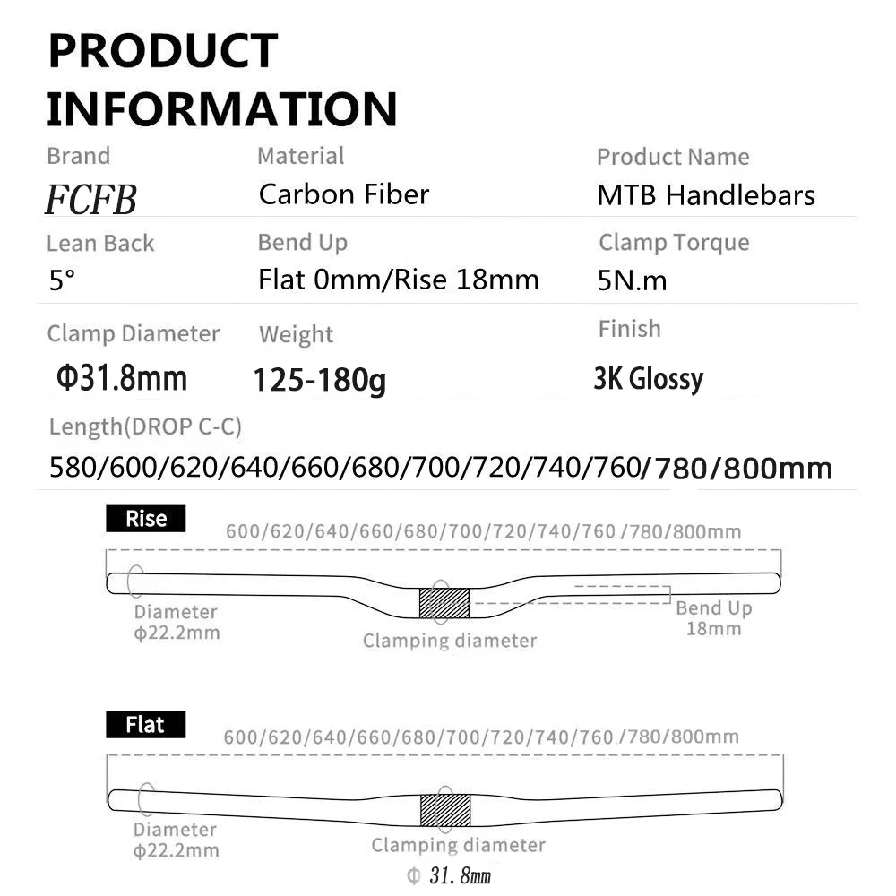 FCFB green 3K Carbon Handlebar MTB Handlebar Flat  Rise Handlebar 31.8  600-780mm Matt bicycle handlebars Mountain Bike Accessor