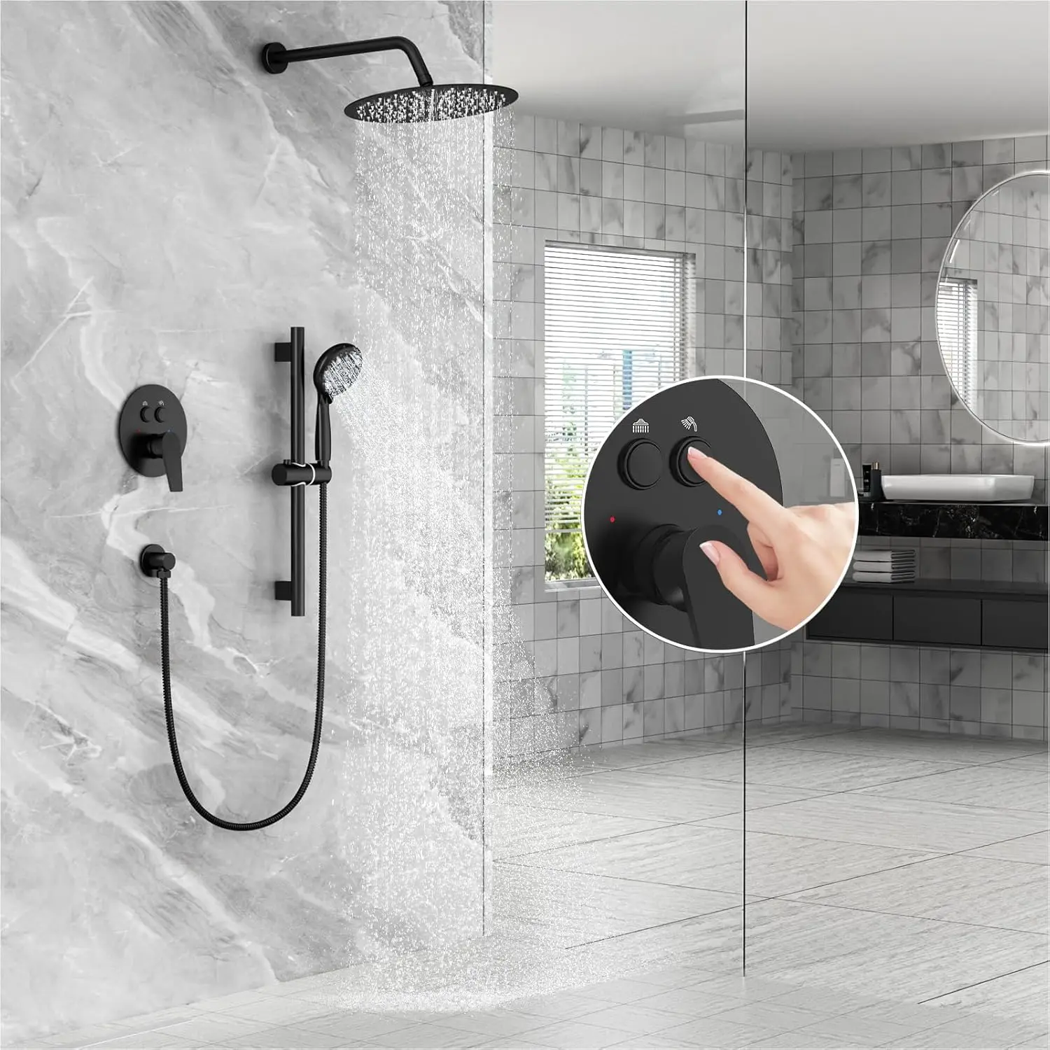 Sr Sun Rise Matte Black Shower Faucet Set - 10 Inch Rain Shower Head With Adjustable Slide Bar Combo Set - Wall Mounted Rain