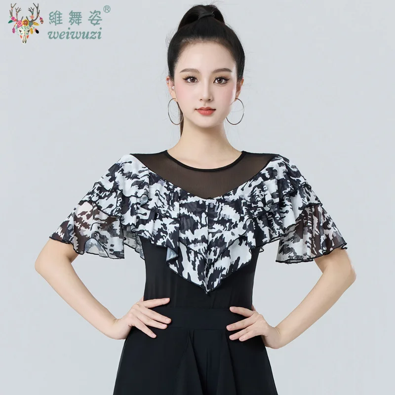Latin Dance Top Female Adult Mesh Printing Medium Sleeve Modern Dance National Ballroom Dance Practice Performance Wear Summer