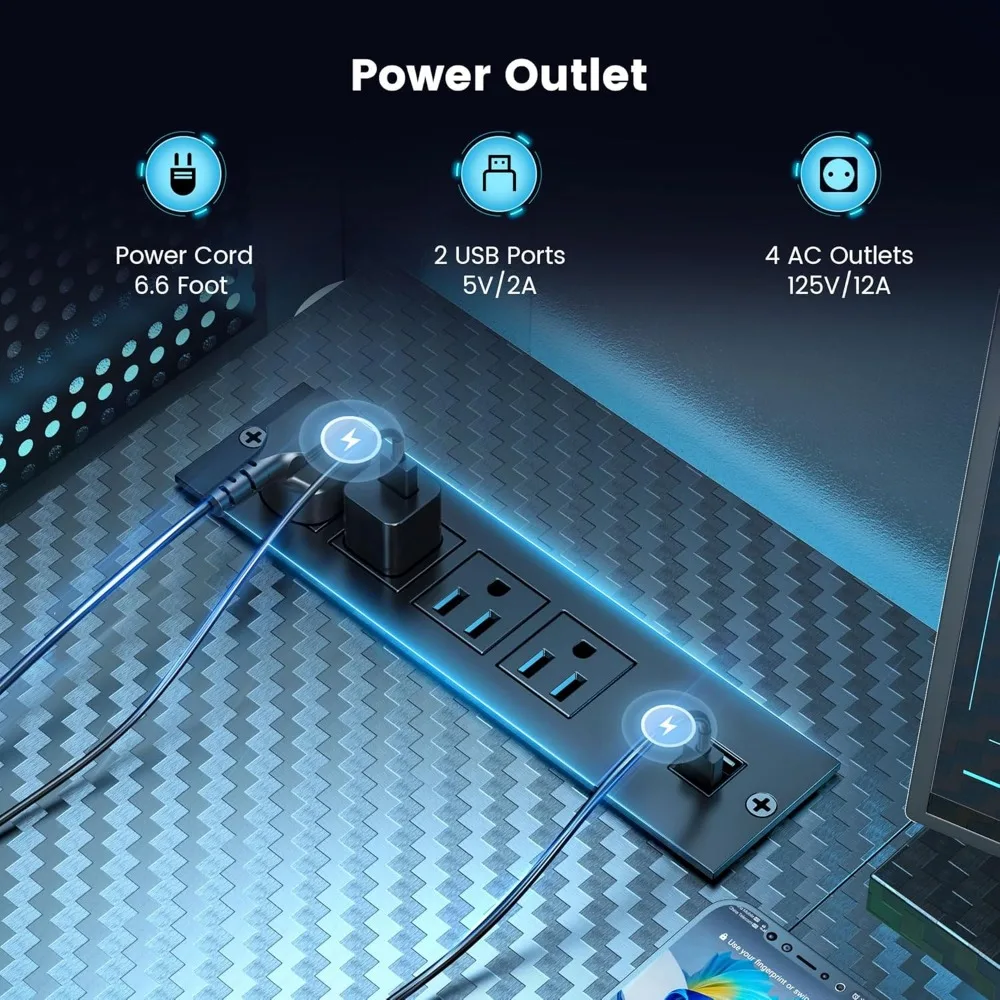 مكتب ألعاب على شكل حرف L، مكتب كمبيوتر مقاس 63 بوصة مع حامل قابل للتعديل وأضواء RGB، مكتب زاوية لمخرج الطاقة، نسيج من ألياف الكربون #6