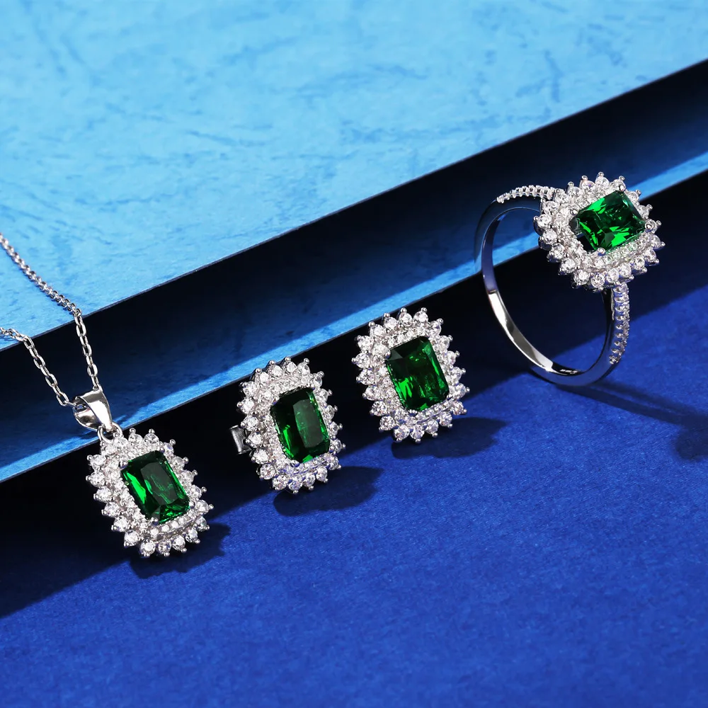 Zhenchengda Sun Lace Inlaid Earrings for Women S925 Silver Artificial Emerald Earrings