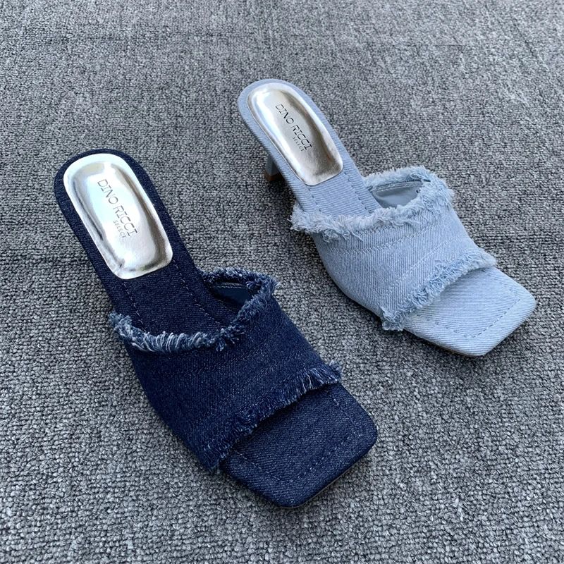 

Новые летние женские уличные модные джинсы на высоком каблуке с квадратной головкой, модные тапочки с кисточками на резиновой подошве