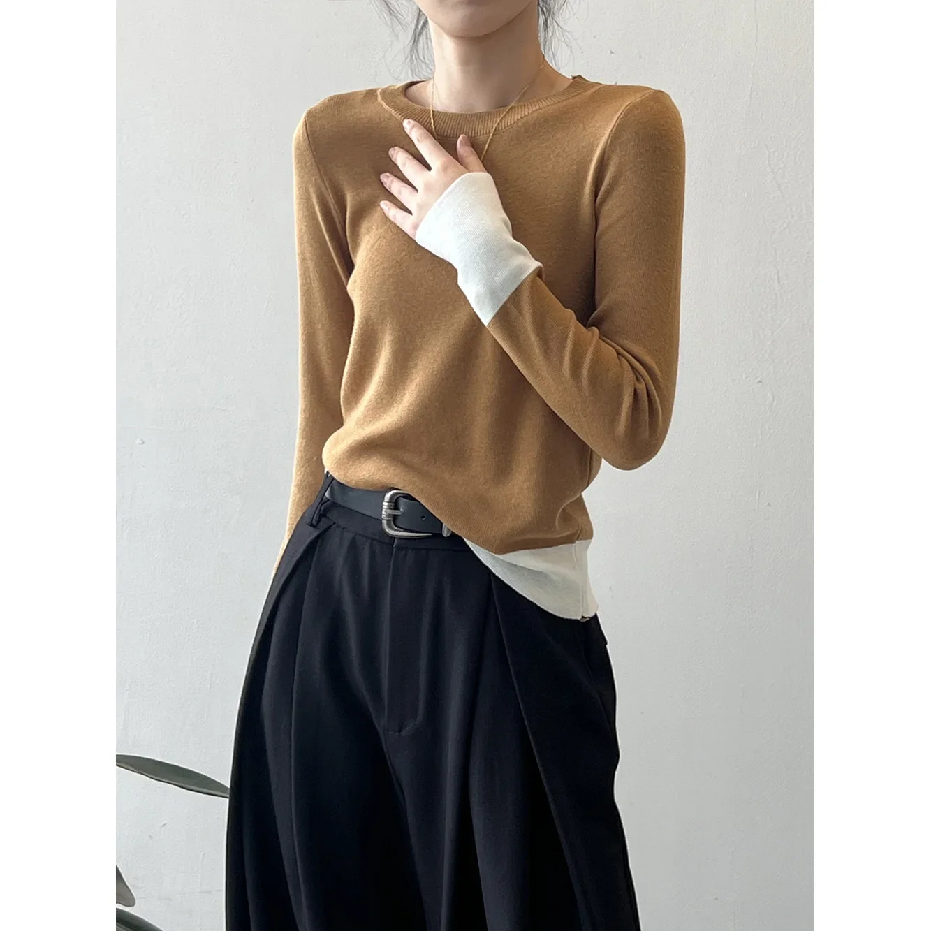 Women Clothes Design Sense Slim Long Sleeve Knitted T-shirt 2024 Autumn New Color Contrast Base Shirt Simple Casual Top