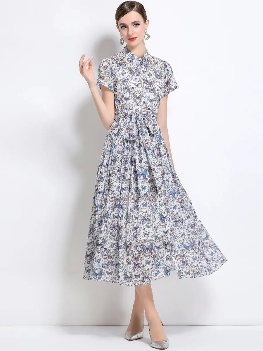 

Summer New Fashion Tie-up Butterfly Print Slim Shirt Dresses Women's Vintage Short Sleeve Temperament Two Piece Dress Sets