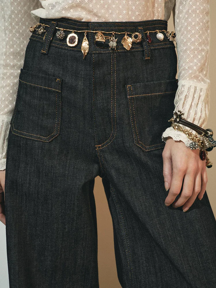 Calça Jeans Fena Casual de Cintura Alta com Perna Larga e Levemente Flare, Versátil e Emaecedora, Lançamento da Primavera.