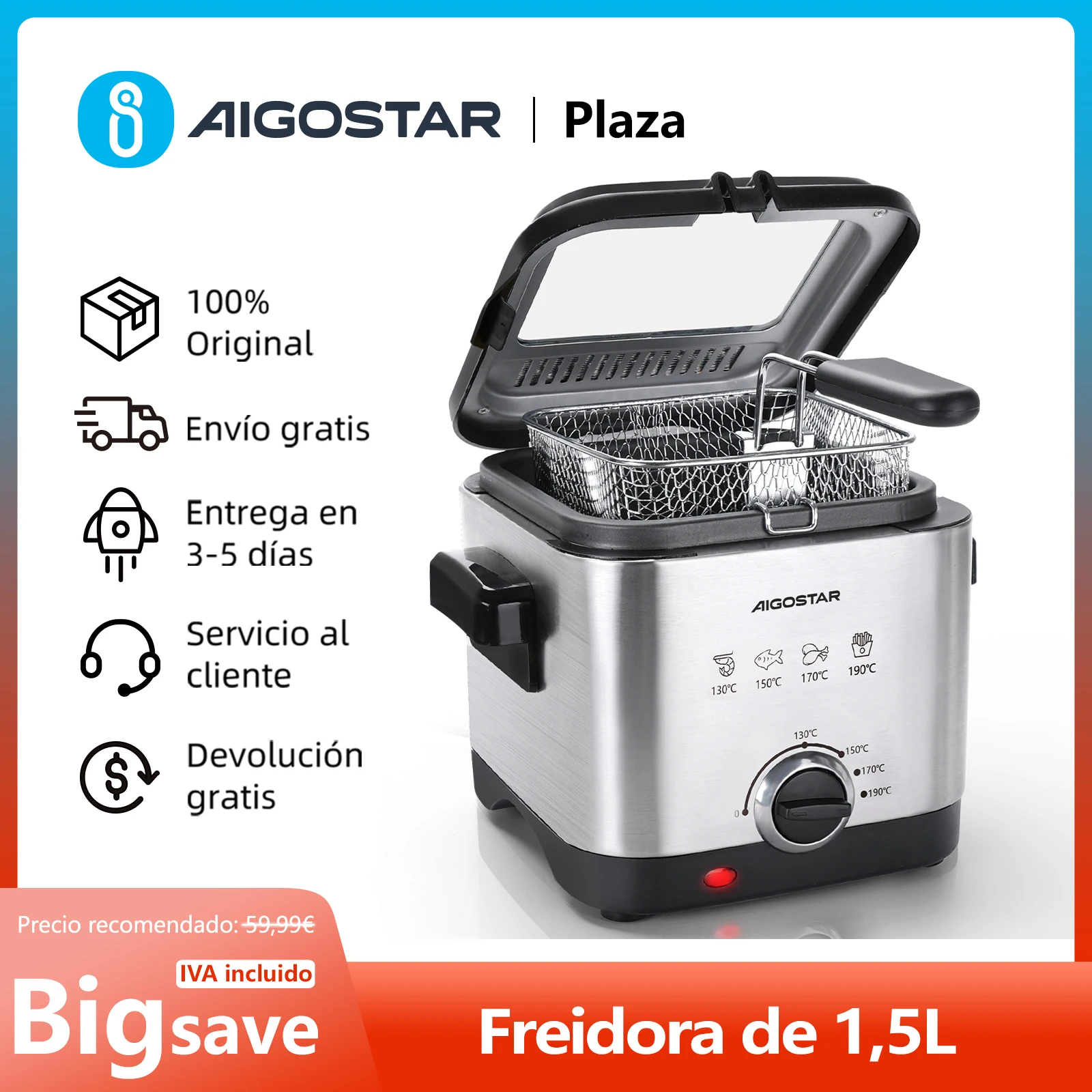 Freidora de 1,5 L, Temperatura Ajustable, Gran Ventana Transparente, Bol Antiadherente, Acero Inoxidable de Tipo 304, 1000 W