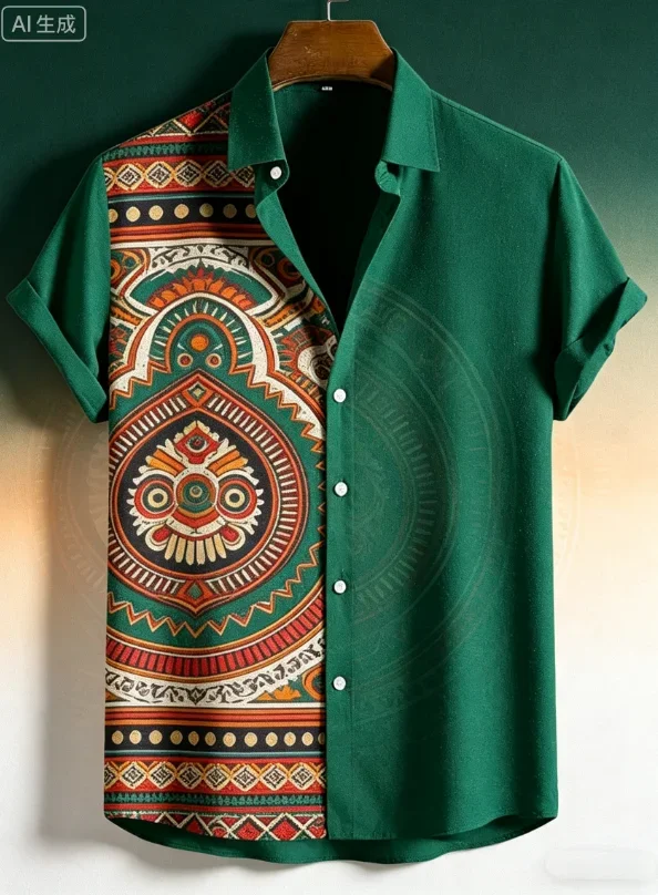 New Product Color Blocking Splicing Retro Persian Ethnic Pattern Printed Shirt for Men, Niche Retro Atmosphere Loose Shirt