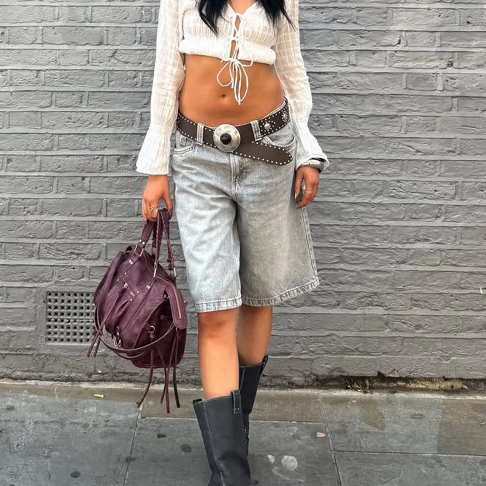 Women y2K Vintage Denim Shorts Casual Vintage Washed Knee Length Jean Short Pants for Vacation Beach Club Streetwear