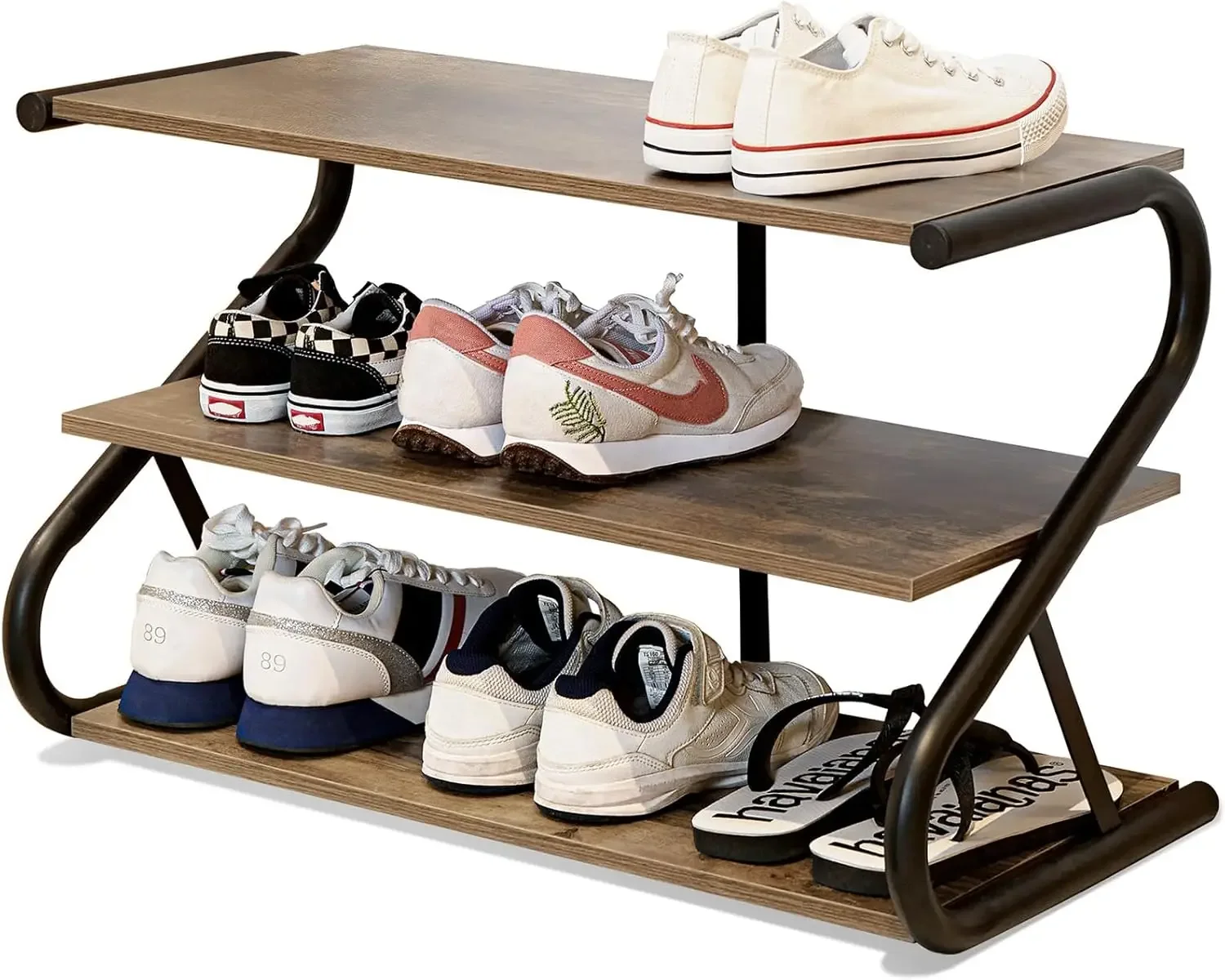 

Shoe Rack, Z-Frame Wooden 3-Tier Shelf with Durable Metal Shelves,