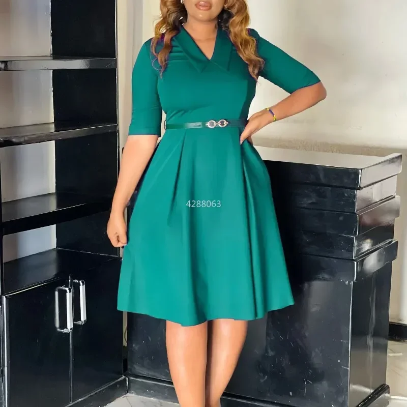 

Elegant African Office Dress for Women V-Neck Half Sleeve Belted Mid-Calf Formal Business Workwear Midi Gown