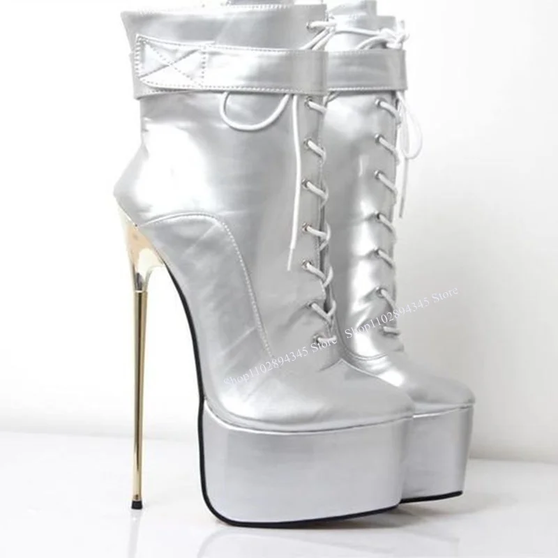 

Silver Lace Up Platform Boots Thin High Heel Mid Calf Leather Fashion 2024 Winter Big Size Woman Shoes Zapatillas Mujer