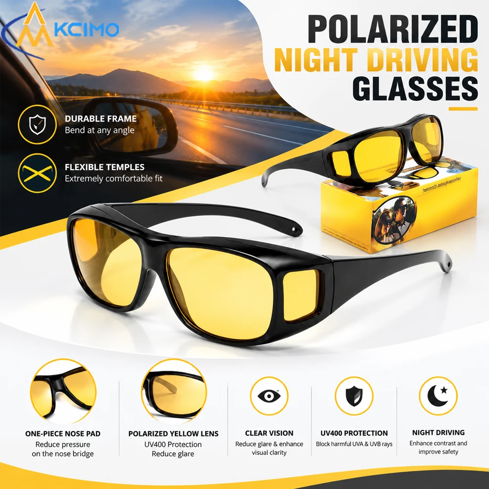 1pc Full Frame Night Vision Sunglasses Anti Glare Driving Glasses Yellow Lens Night Driving Goggles Fit Over Prescription
