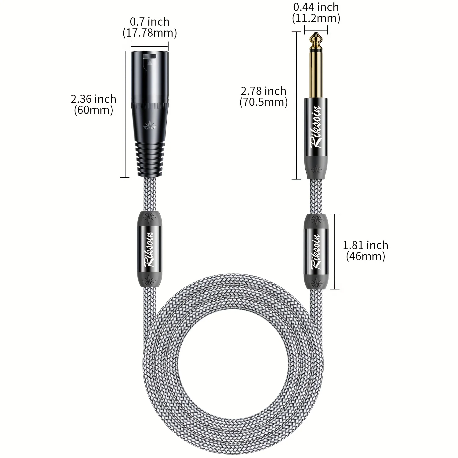 6.35mm to XLR Male Microphone Cable, XLR Male to 1/4-inch TRS, with Ferrite Core, Stereo, For Audio Systems and Mixing Consoles