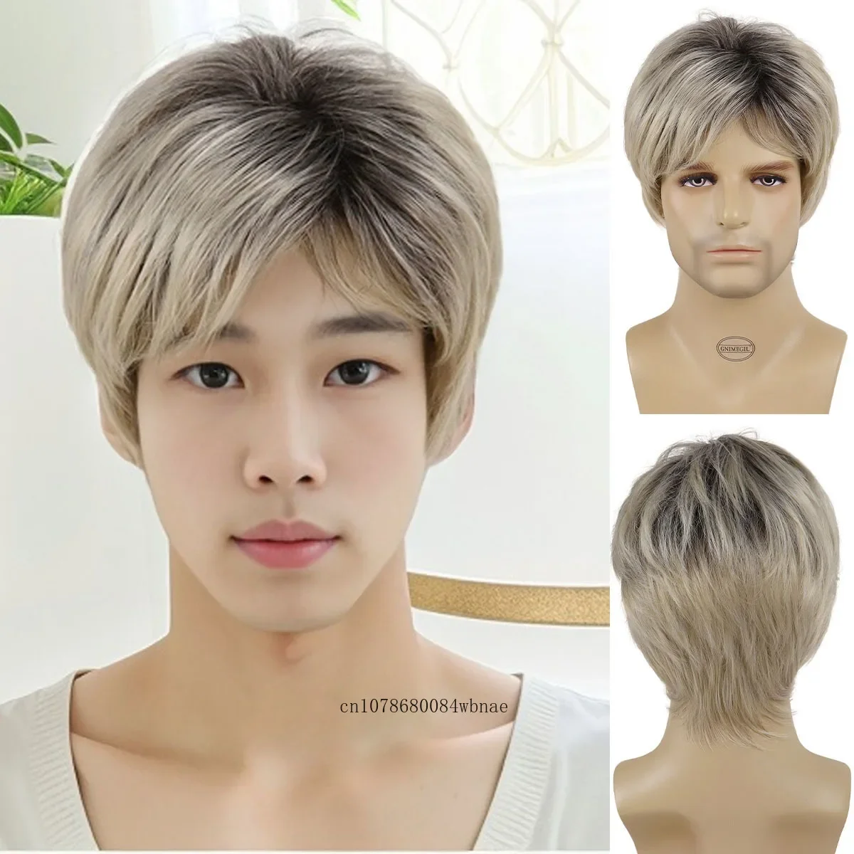 Men Natural Synthetic Hair Straight Wigs Short Layered Ombre Light Blonde Wig with Bangs Male Heat Resistant Daily Party Costume