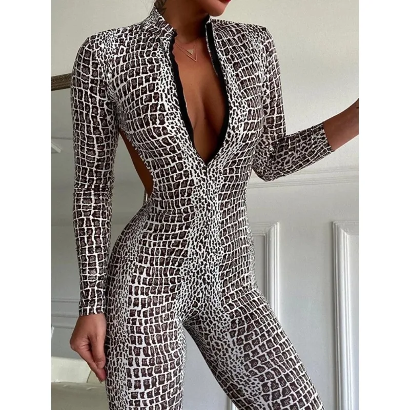 

Женский комбинезон Krisnanas, сексуальные серебряные колготки со змеиным принтом и открытой спиной, боди с длинными рукавами, спортивная одежда, спортивная одежда 98657