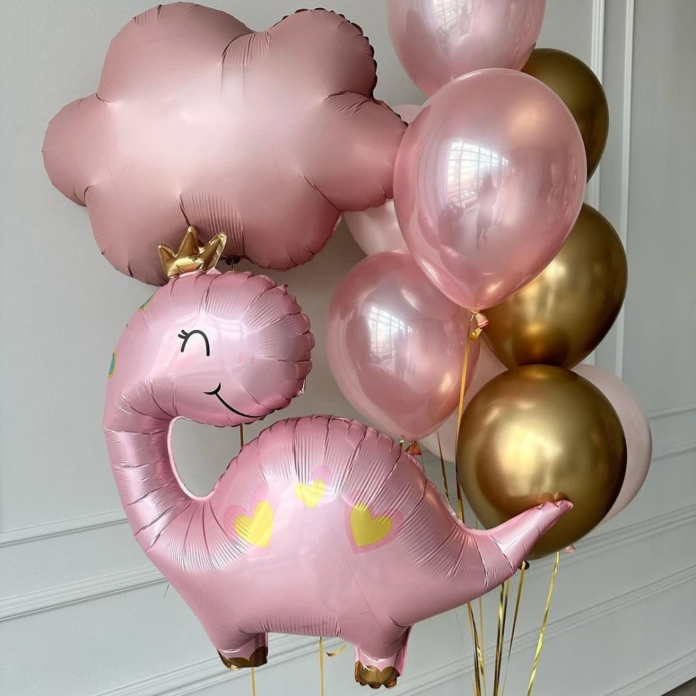 Cute Cartoon Pink Crown Dinosaur and Green Dinosaur Aluminum Film balloon,Suitable for Birthday Themed Parties Decorations