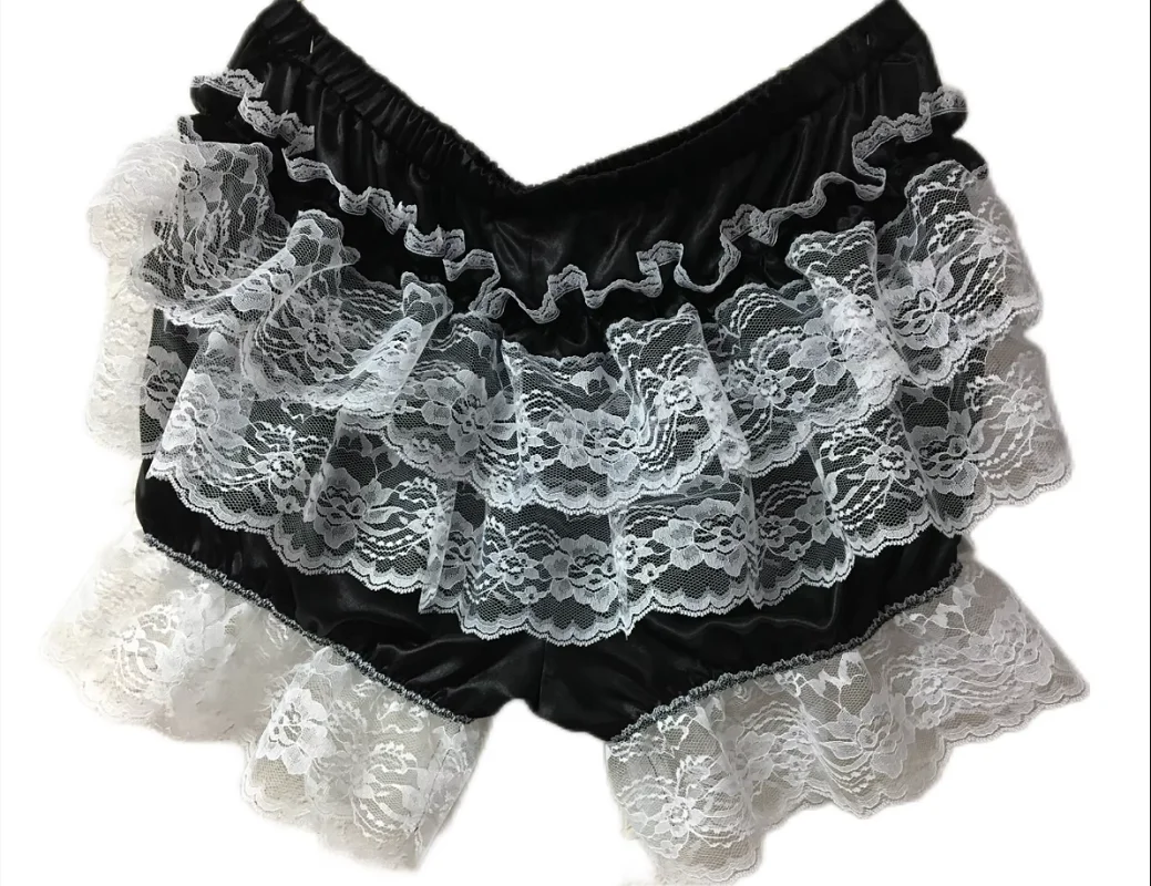 French Maid Cross-dressing Knickers Black Satin Lace Long Hem Sissy Dress Underwear Can Be Customized In Multiple Colors