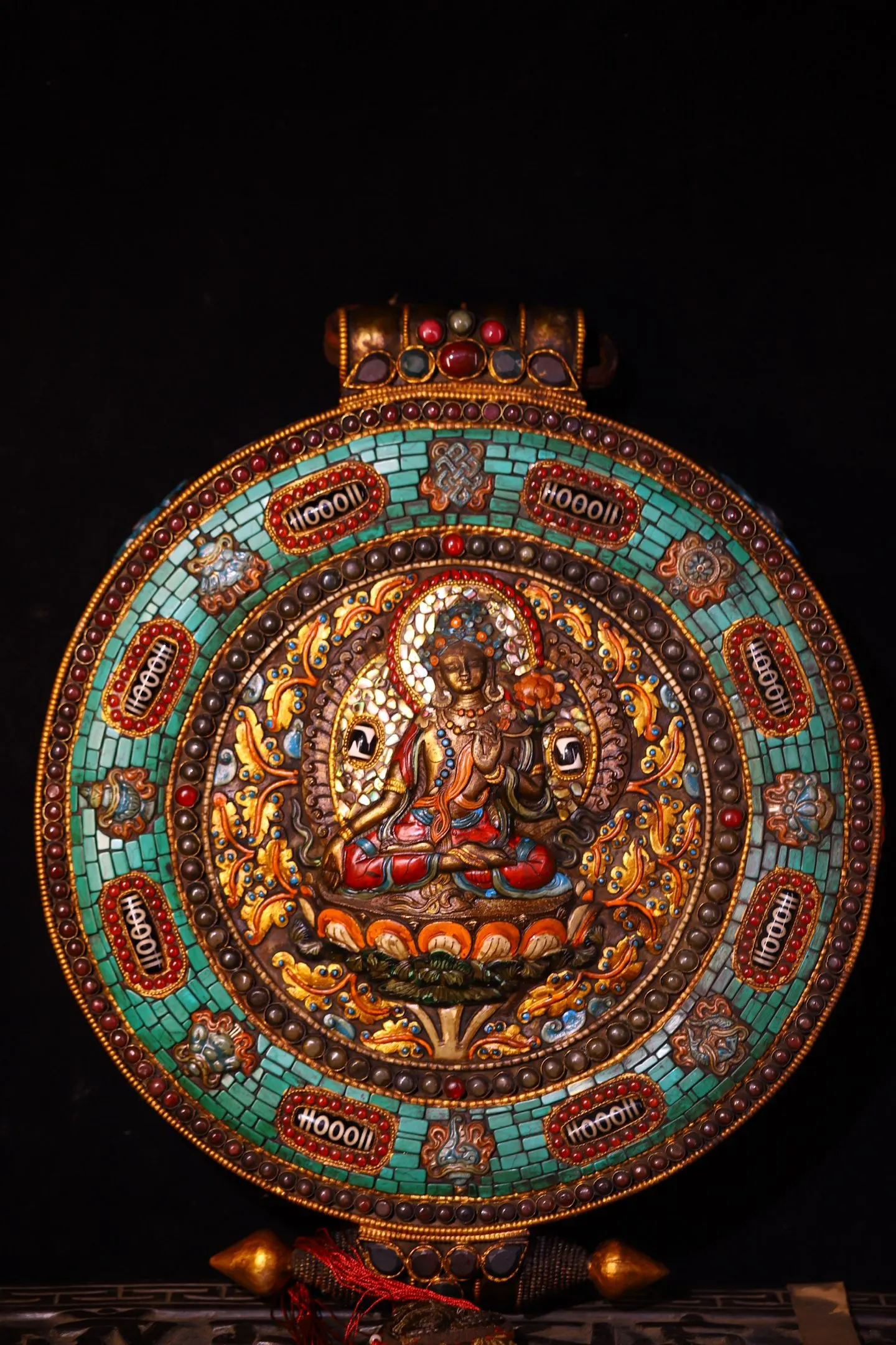Old Lima Copper Mosaic Gem gZi Beads Turquoise Painted White Tara sitting Buddha Thangka Gau box hanging panel