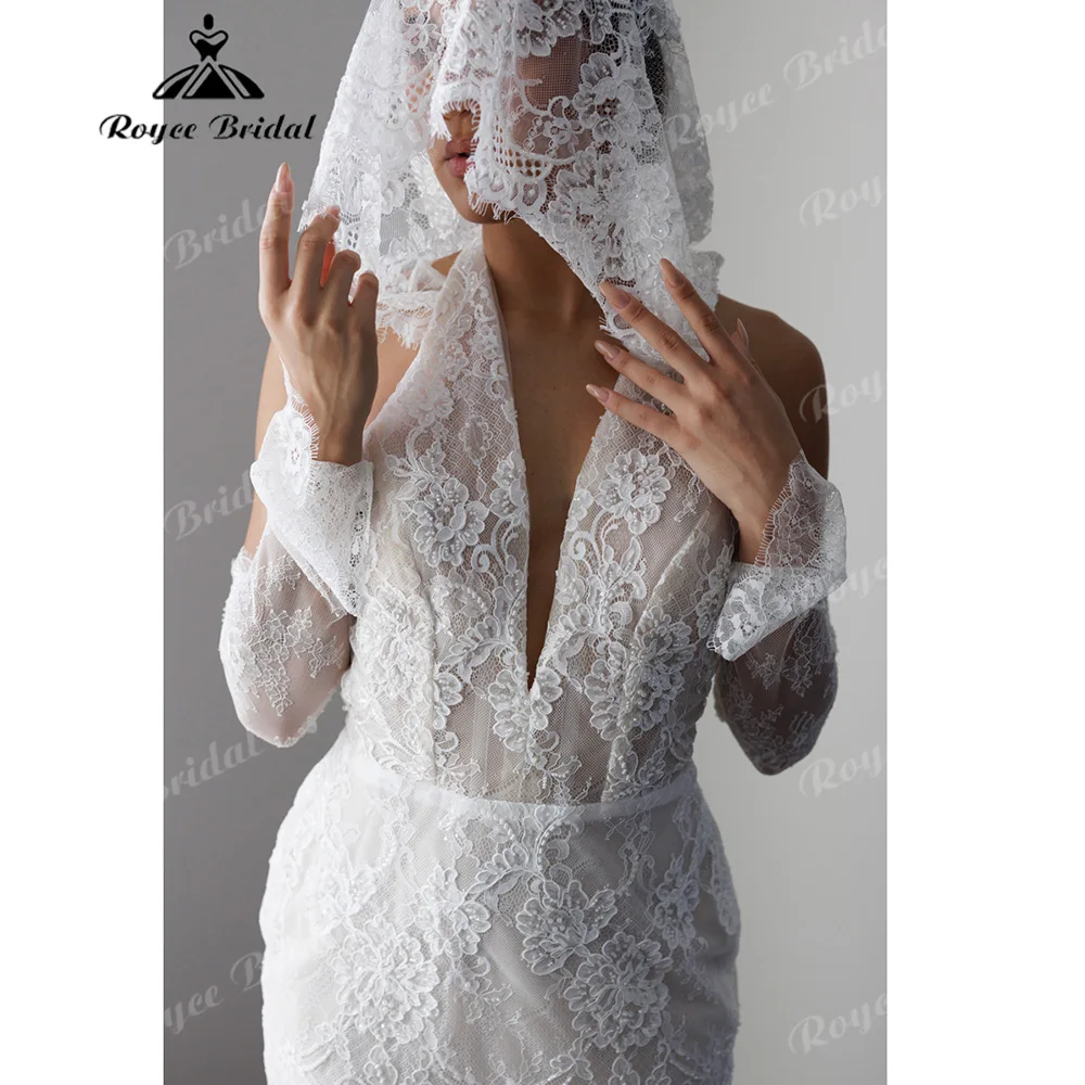 Roycebridal Halter Deep V 3D Floral Lace Mini Mermaid Wedding Dress Short Fitted Civil Elopement Bridal Gown Customized