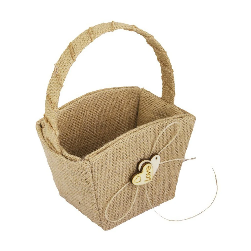 

Flower Basket Burlap Double Heart Bowknot Vintage Rustic Linen Wedding Decor Gift Storage Basket Home Party Accessories