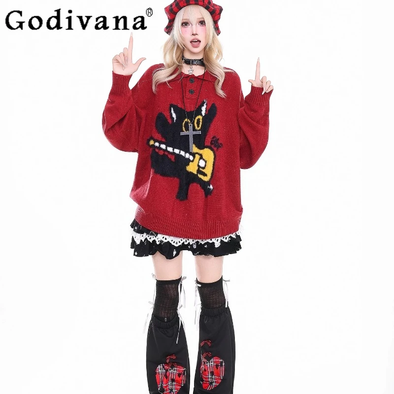 

Polo Collar Lolita Knitted Jumpers for Women Retro Black Cat Jacquard Sweater Female Autumn Winter Casual Loose Pullovers