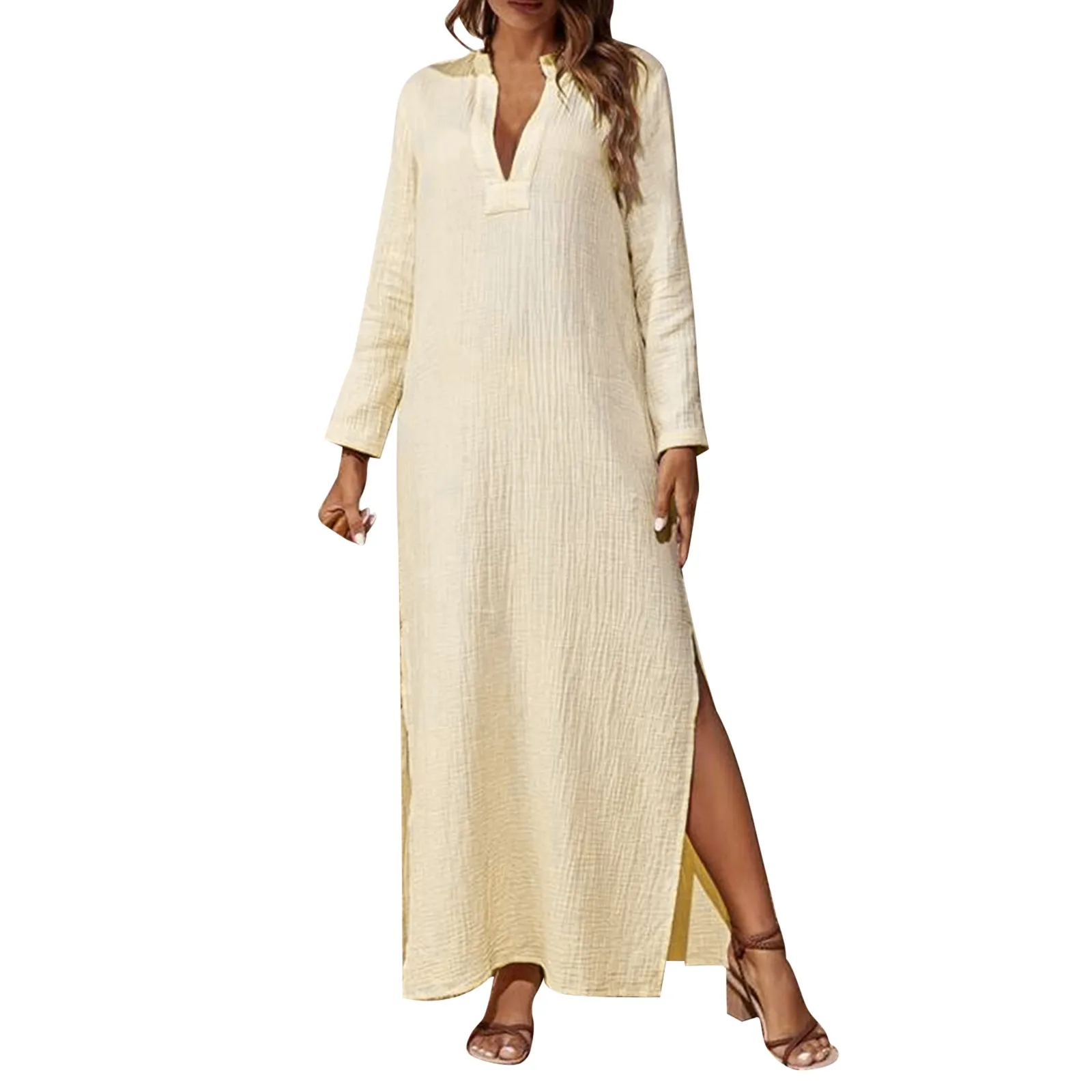 

Women's Casual Dresses Women's Solid Color Loose Home Cotton Linen V Neck Slit Long Dress (no Belt) Maxi Dress V Neck