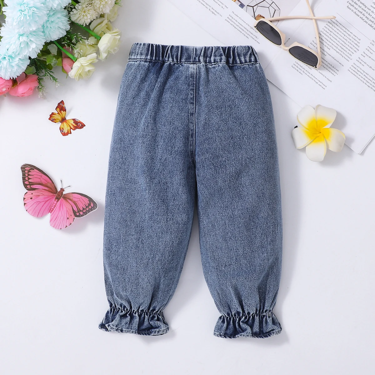 Girls' Light Blue Washed Denim Lantern Pants Embroidered Flowers Cuffs Butterfly Knot Waist Elastic Comfortable Spring Autumn