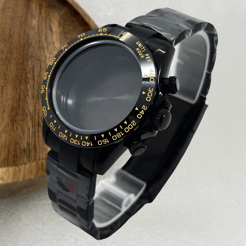 Gmoga caixa de relógio preta estilo fita pulseira de cristal de safira endlink para daytona vk63 movimento peças cerâmicas 29.5-30.5mm mostrador