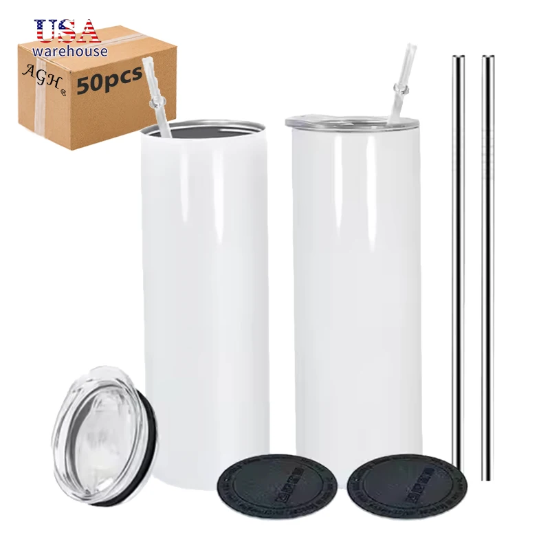 

50pcs 20oz Stainless Steel Double Wall Insulated Sublimation White Tumbler with Plastic Straw, Metal Straw, Rubber Bottom Wang