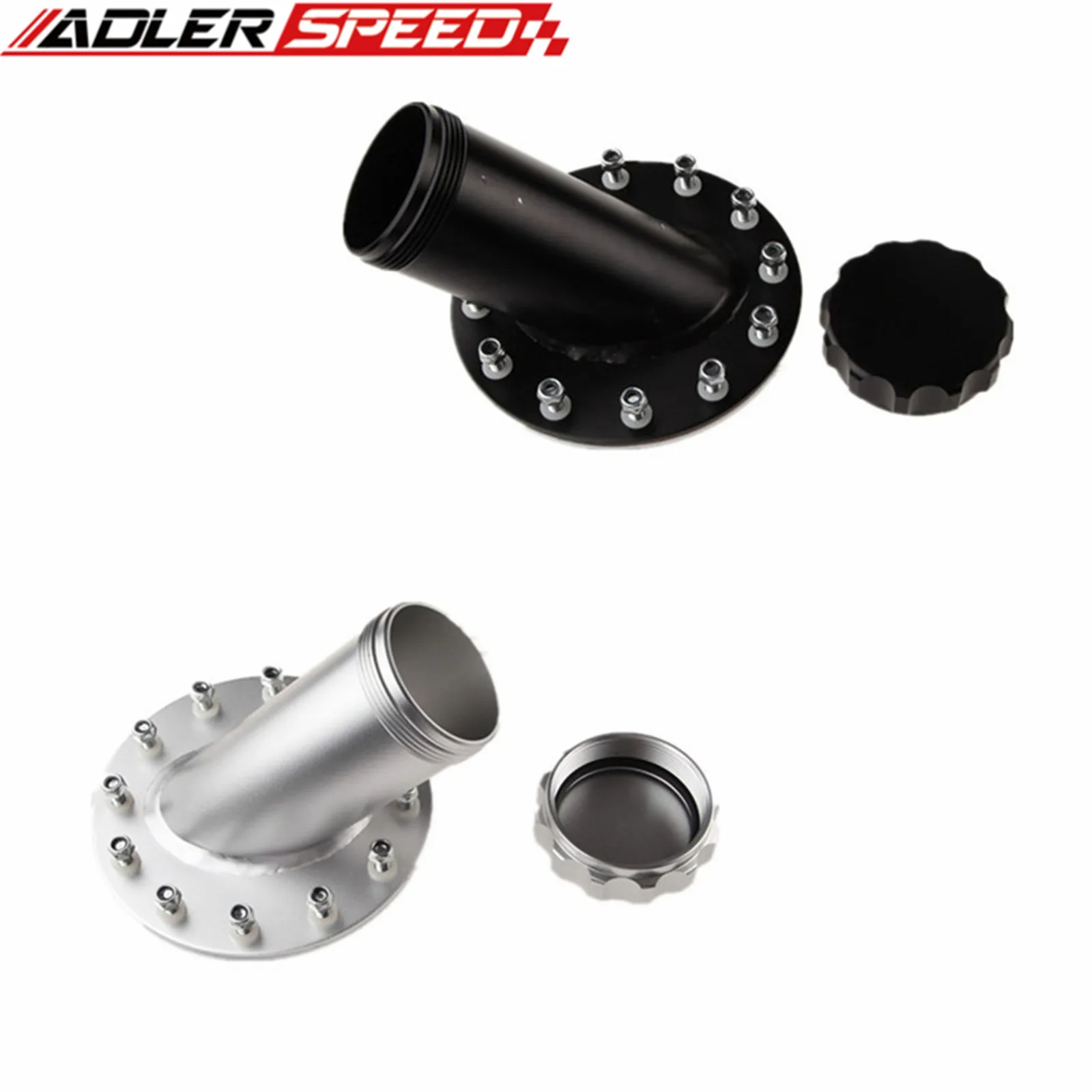 Bolt-on Fuel Cell Gas Tank 45 Degree Fast Fill Filler Neck Cap w/ 12 Bolt Flange Black / Silver