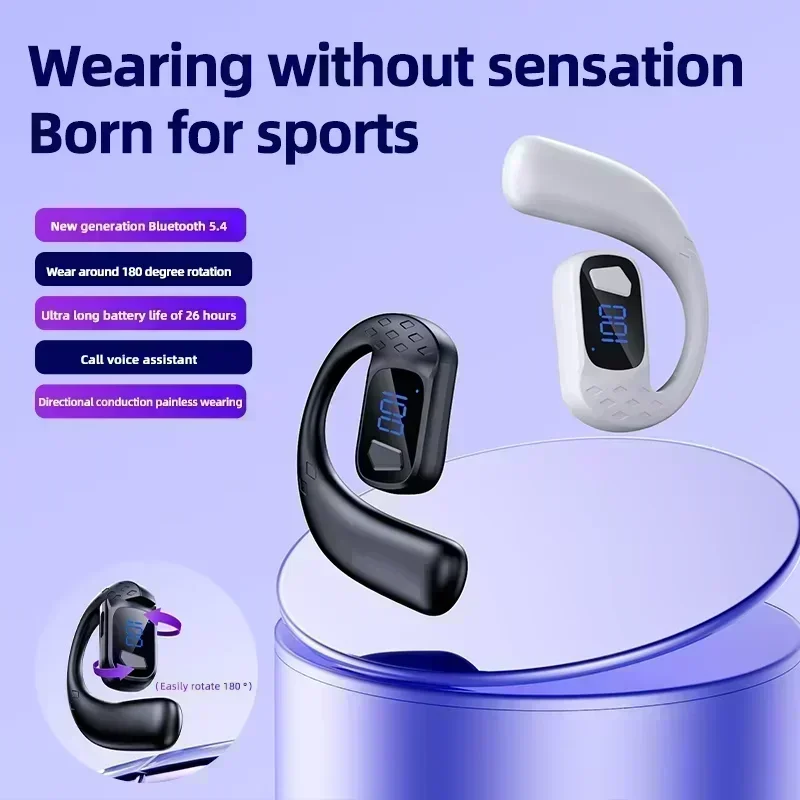 

Single Ear Bluetooth Headphones with Ear Hook Lossless Audio Quality LED Digital Display Headset For Business Driving